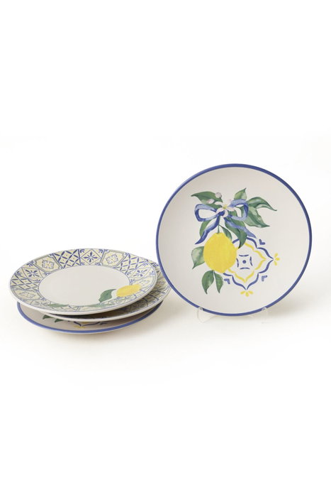 Hermia Set de Servir Pasteles de 4 piezas en Cerámica, 20 cm, Blanco, Azul Marino y Amarillo